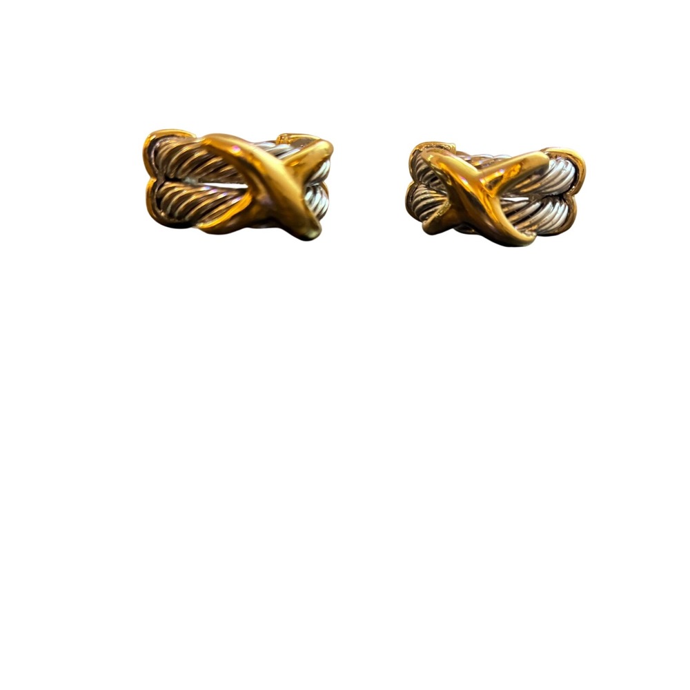 Vintage Two Tone Twisted Cable X Clip On Earrings Gold Silver Tone Heavy Solid